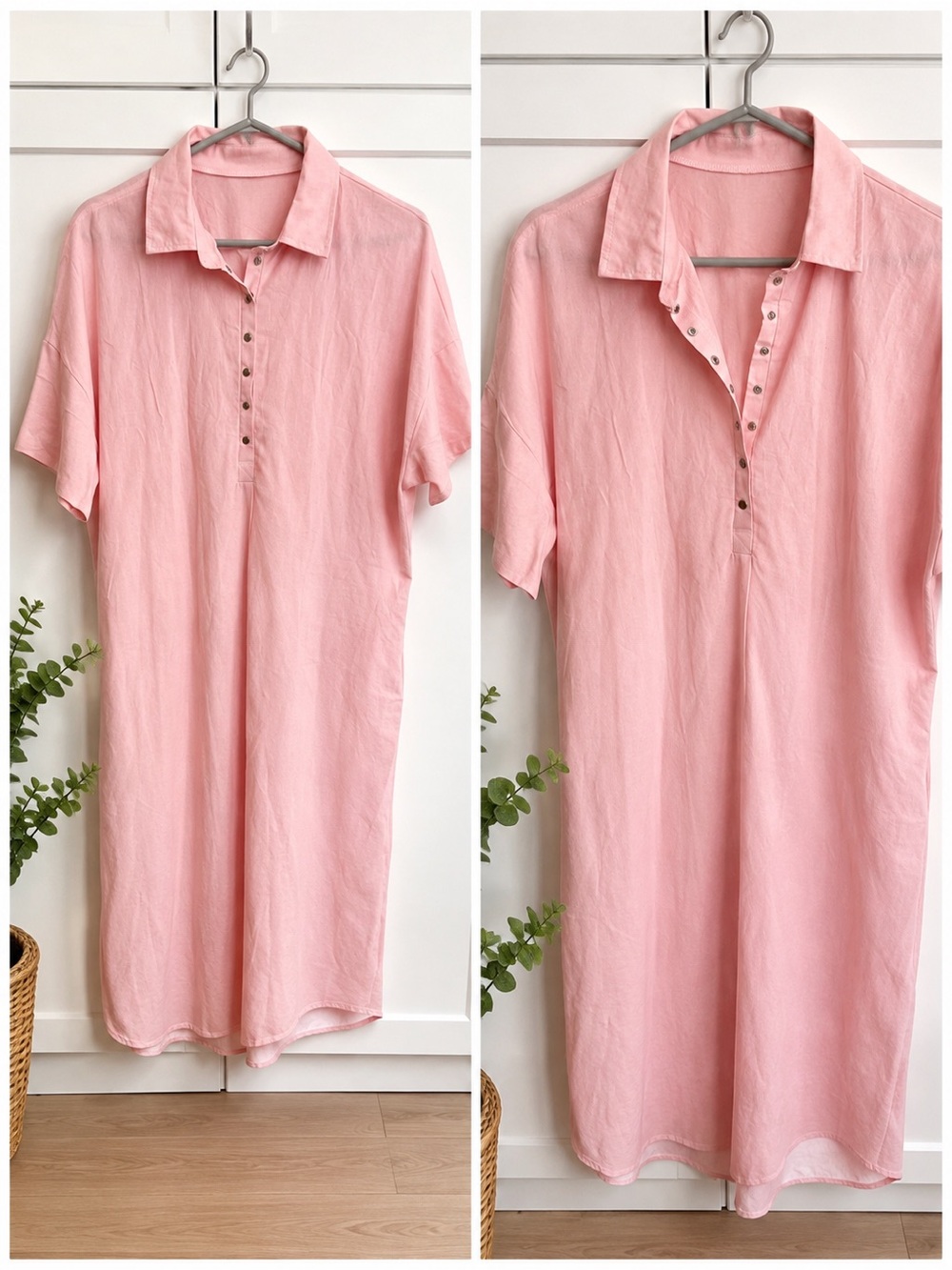 Pink Cotton-Linen Midi Shirt Dress – Size XL